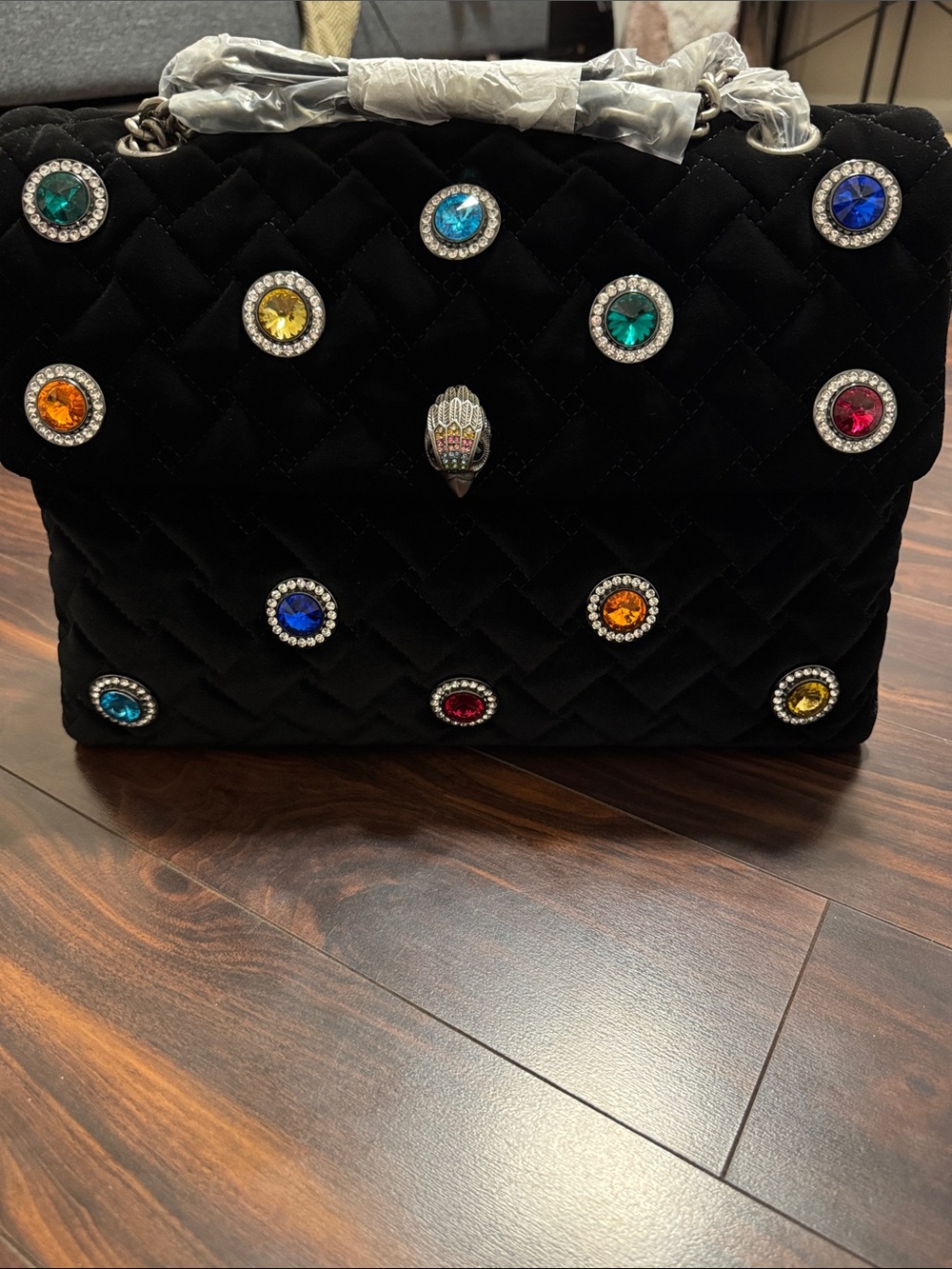 Kurt Geiger Velvet XXL Kensington Shoulder Bag w/ Multicolor Gem Studs BRAND NEW